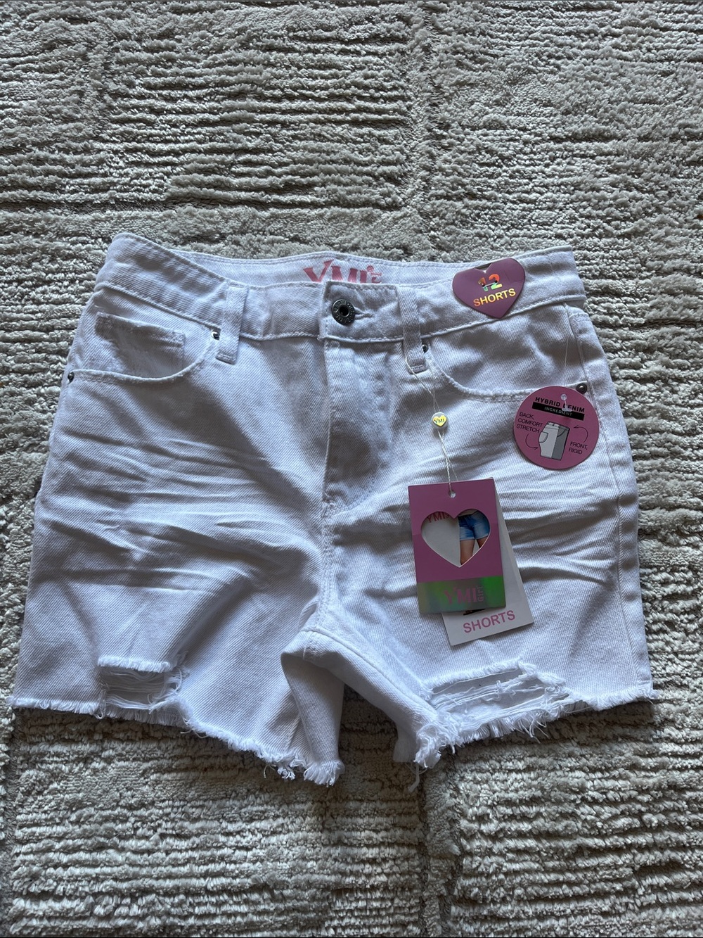 YMI Girl | White Denim Distressed Shorts, 12, NWT